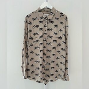 EQUIPMENT BEIGE TONE SILK MOTORCYCLE PRINT SHIRT SIZE LARGE NWOTS!